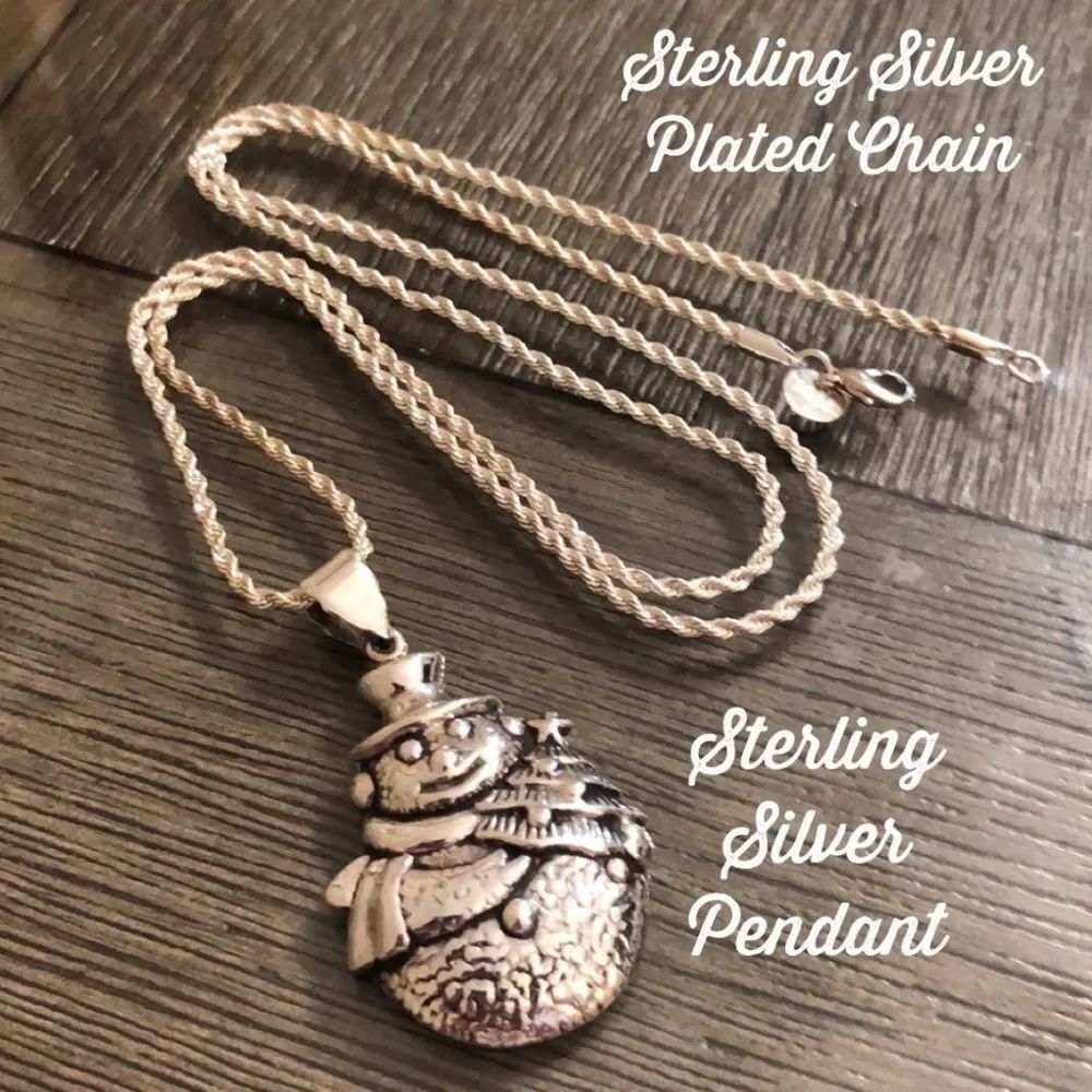 Vintage Sterling Silver Snowman Pendant with Silver Plated Rope Chain